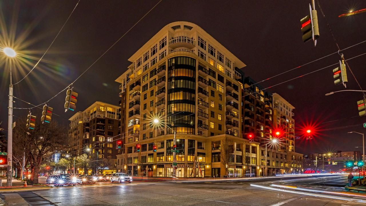 A exterior shot of Mirabella Seattle at night.