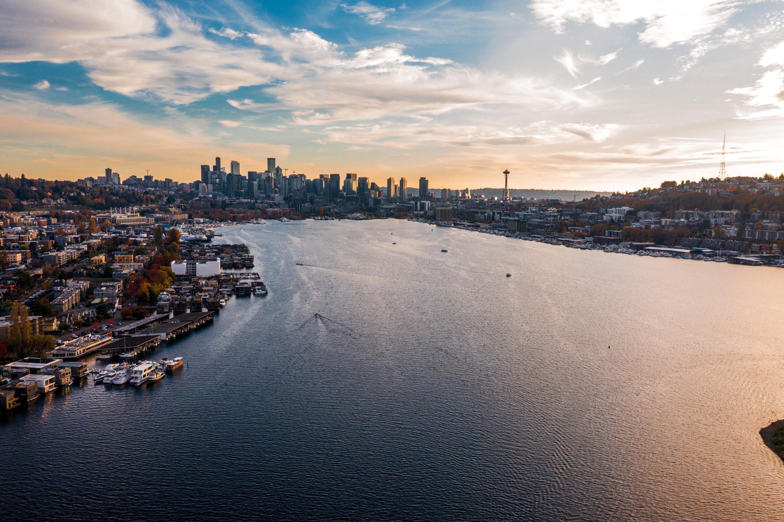 Aerial view of the cityscape of Seattle during sunset, South Lake Union.